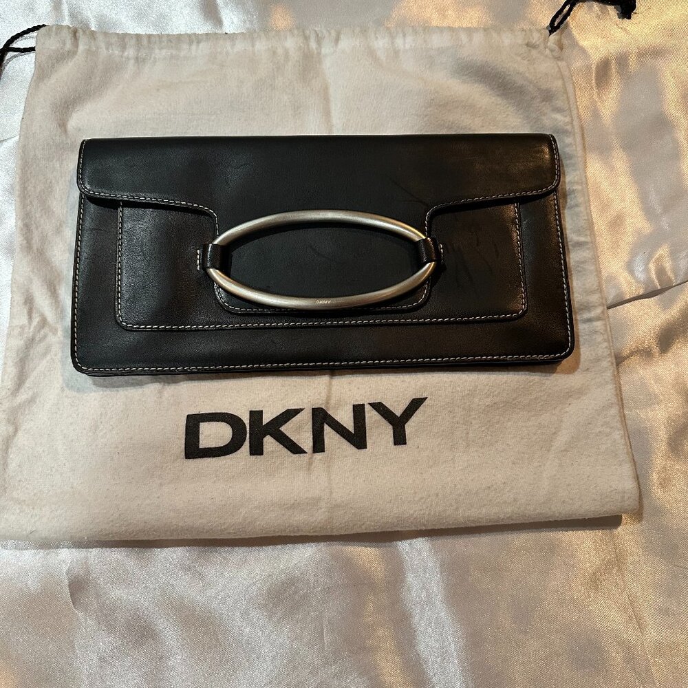 DKNY Black Nappa Leather Clutch Bag w/Brushed Nickel Hardware